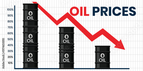 Oil Price Downturn: A visual representation of plummeting oil prices, with declining barrels and a red downward arrow, illustrating the economic impact.