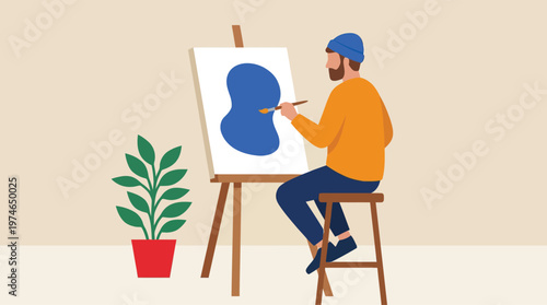 Man painting on an easel indoors.