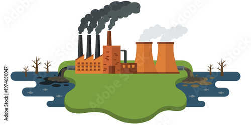 Toxic Emission: Industrial landscape with smoke polluting the atmosphere. The image depicts the consequences of pollution on environment.