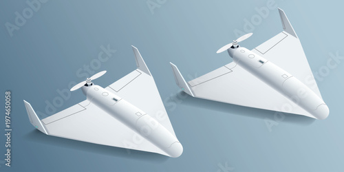 Drone Flight Dynamics: A pair of sleek, unmanned aerial vehicles (UAVs), with pristine white wings and propellers, poised for flight against a gradient blue background.