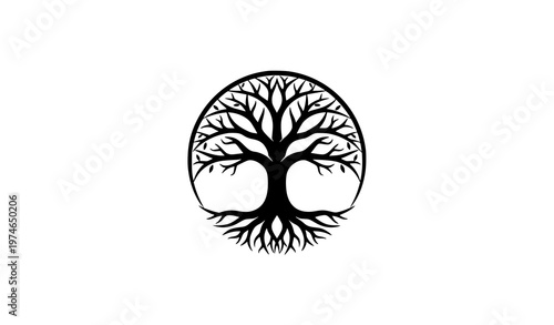 Tree of life logo vector with circular roots and branches symbolizing family community and growth isolated on white