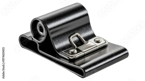 Detailed view of a sleek black textured binder clip with a polished metallic silver clasp for securing documents isolate