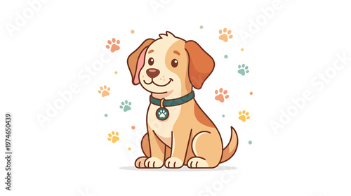 Cute cartoon puppy dog sitting happily with paw prints, playful pet illustration