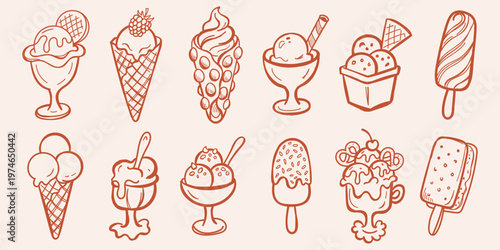 hand drawn doddle vector set of different ice cream types . line art . ice cream elements set . sketches ice cream art . vector illustration