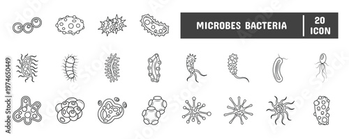 20 Microbes Bacteria Line Icon Illustration Set