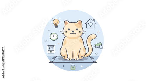Cute Cat in Smart Home with Technology Icons: Security, Light, Thermostat, Clock