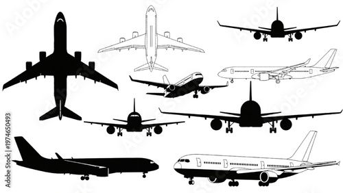 Vector CAD design of various airplanes in different views and styles