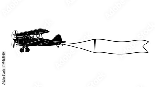 Tableau sur toile Vintage biplane tows banner with vector CAD design in flight