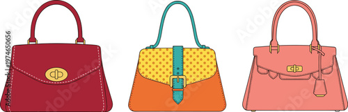 Stylized Fashion Handbags Set Illustrations for Trendy Accessories, Shopping, and Lifestyle Designs