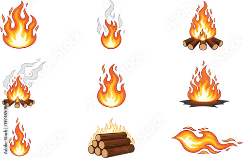 Collection of Flames, Fire, and Logs for Outdoor, Camping, and Heat Design Projects