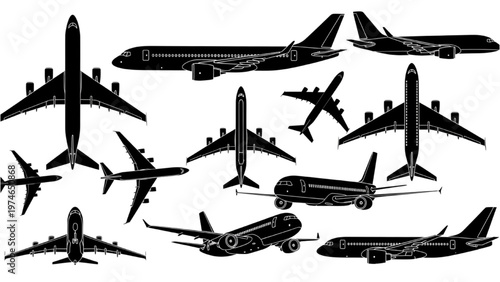 Various vector CAD designs of airplanes and transport vehicles on white background