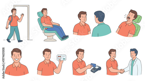 Vector Character Set Depicting Patient's Dental Care Journey, Healthcare Visit, Medical Poses