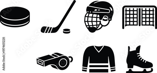 Collection of ice hockey icons including puck, stick, helmet, goal net, whistle, jersey, skate, essential equipment illustration sport conceptCollection of ice hockey icons including puck, stick,t, 