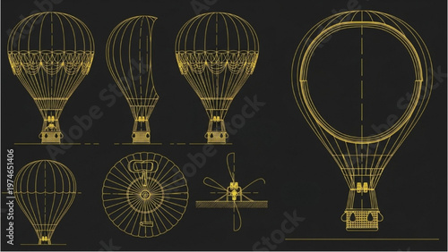 Vector CAD design of hot air balloons in various stages