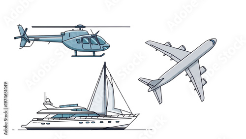 Vector CAD design of a helicopter, airplane, and sailboat in flight and sailing