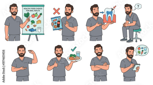 Healthcare Professional Demonstrating Dental Care, Healthy Diet, and Medical Activities Poses Collection