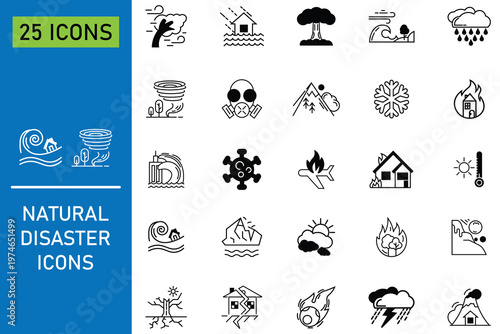 Collection of various natural disasters icon. Containing earthquake, flood, thunderstorm, volcano, eruption, pollution, tornado, fire, meteor strike and more. Minimalist glyphs and weather symbols. 