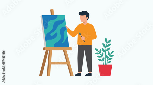 Man painting on an easel with a plant.
