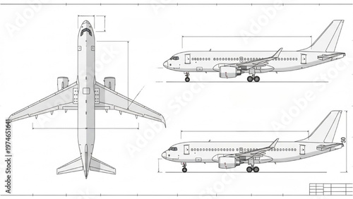Vector CAD design of airplane technical drawings from multiple views