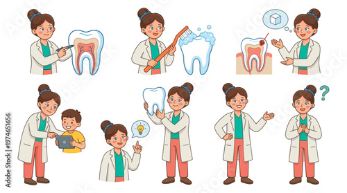 Professional Character Set Dentist's Diverse Healthcare Poses, Medical Dental Care Activities