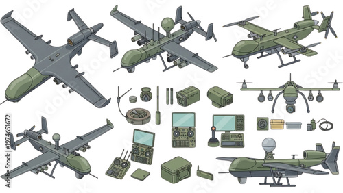 Military aircraft and vehicles in vector CAD design for defense technology