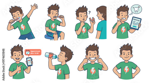 Young boy character set depicting daily dental care, healthy lifestyle poses, and essential healthcare activities