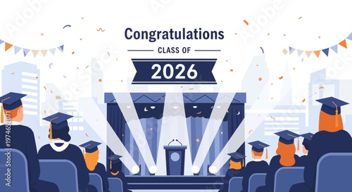 Graduation Ceremony Celebration for the Class of 2026 with Cap Toss and Banners in a Modern Urban Setting