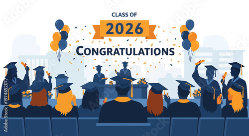 Celebratory graduation ceremony for the class of 2026 with students, teachers, and festive decorations in a school auditorium