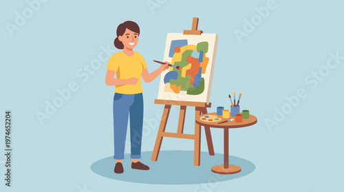 Woman painting on an easel indoors.
