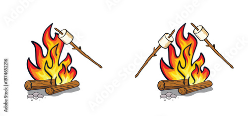 Campfire and marshmallow. marshmallows, fire flame. Food concept. Fire flames icon set. Bonfire, heat wildfire or campfire concept. Cartoon burn power fiery. Ablaze. Red, orange and yellow fire flames