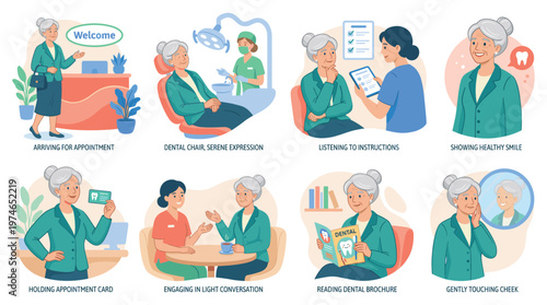 A comprehensive character set depicting senior dental care healthcare activities and poses