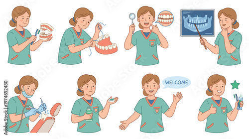 Healthcare Professional Character Set Dental Care Poses and Medical Activities Collection