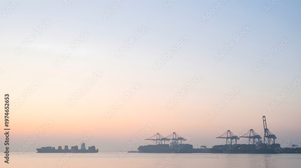 Obraz premium Container ship and industrial cranes at a tranquil harbor during a soft sunrise or sunset