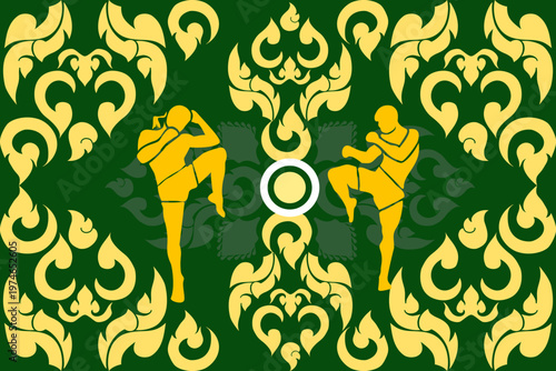 Thai Muay Thai fighters in action with traditional floral pattern background, blending cultural elegance and combat energy in a bold vector design for print, textile, and decorative use.