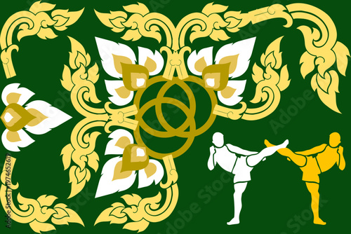 Thai Muay Thai fighters in action with traditional floral pattern background, blending cultural elegance and combat energy in a bold vector design for print, textile, and decorative use.