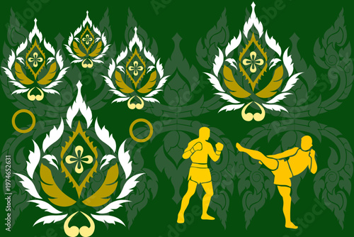 Thai Muay Thai fighters in action with traditional floral pattern background, blending cultural elegance and combat energy in a bold vector design for print, textile, and decorative use.