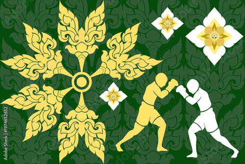 Thai Muay Thai fighters in action with traditional floral pattern background, blending cultural elegance and combat energy in a bold vector design for print, textile, and decorative use.