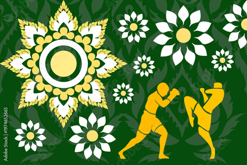 Thai Muay Thai fighters in action with traditional floral pattern background, blending cultural elegance and combat energy in a bold vector design for print, textile, and decorative use.
