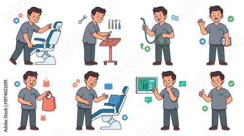 Illustrative character set of a dental professional performing healthcare and medical tasks