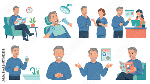 Senior Character Set Depicting Dental Care, Medical Consultations, and Wellness Activities