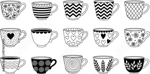 Collection of Hand-Drawn Decorative Coffee Cups with Unique Patterns for Cafe, Beverage, and Drinkware Designs