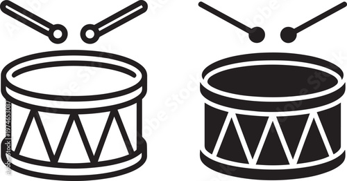 Set of two drums with drumsticks, one outline, one filled for drum and drum kit