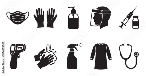 A collection of black silhouette icons representing medical protection and hygiene measures, including a face mask, gloves, sanitizer, and thermometer.