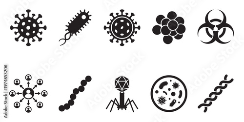 A collection of black and white vector icons representing various microbes, viruses, bacteria, and a biohazard symbol on a clean white background.