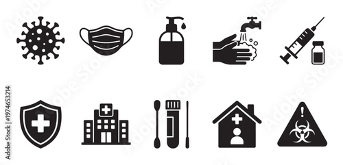 Collection of black and white icons representing COVID-19 prevention and medical services, including virus, mask, sanitizer, hand washing, syringe, hospital, test kit, doctor, and biohazard.