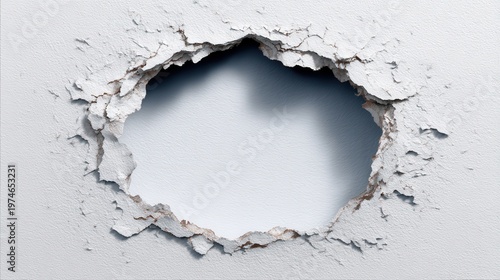 Large hole with jagged edges breaks through a plain white wall.