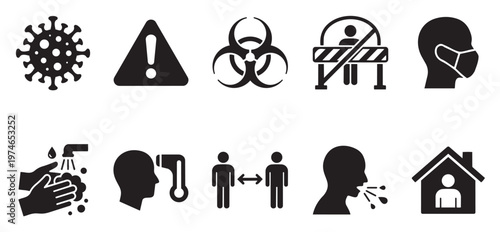 A collection of black and white icons illustrating Covid-19 prevention measures including virus, hand washing, face mask, social distancing, and quarantine.