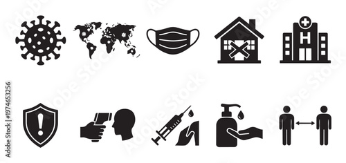 A collection of black and white icons representing the Covid-19 pandemic, including virus, world map, mask, hospital, and social distancing.