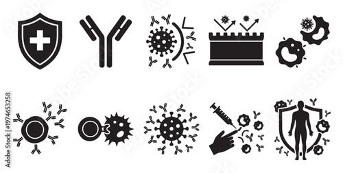Collection of black and white icons representing the immune system, antibodies, viruses, cells, and medical concepts like vaccination for medical and scientific use.