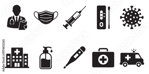 Collection of black medical icons on a white background including a doctor, face mask, syringe, COVID-19 test, virus, hospital, hand sanitizer, thermometer, first aid kit, and ambulance.